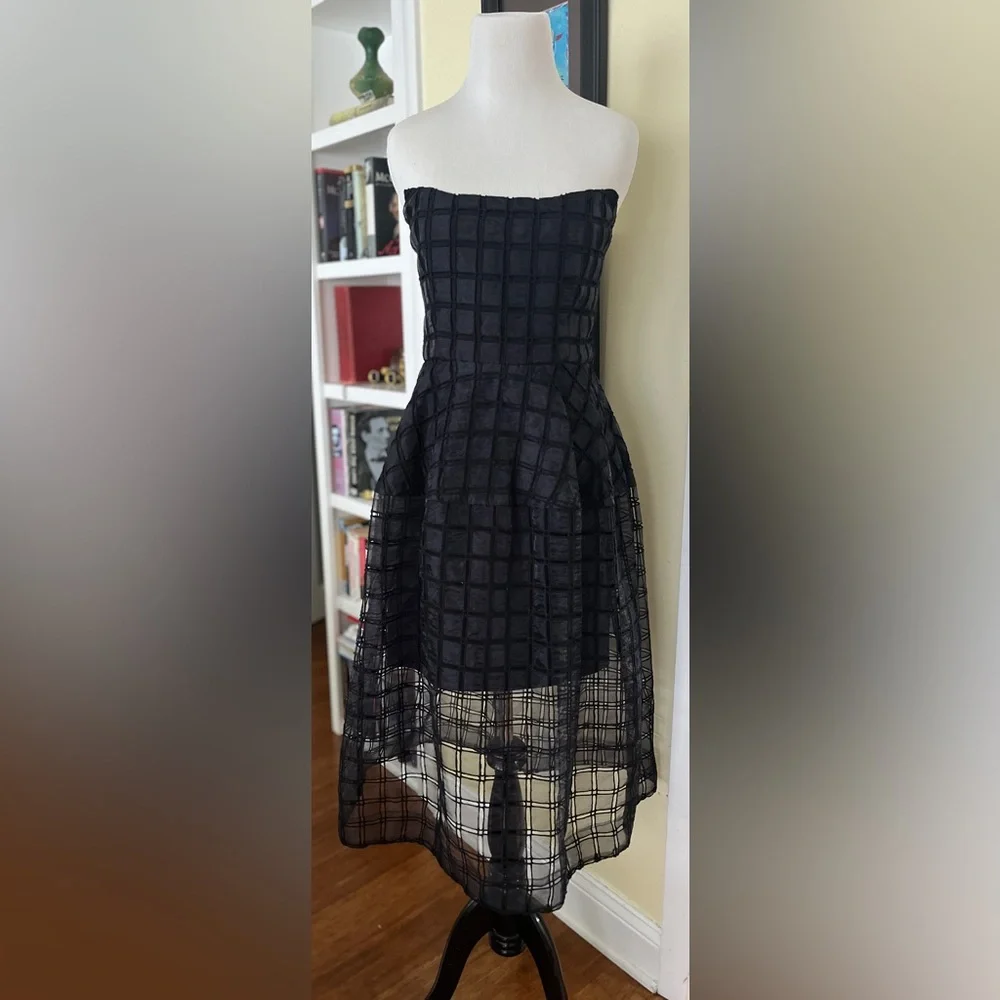 NICHOLAS Dress Strapless Black Windowpane Cutout Caged Sheer Full Skirt SZ 4 - Picture 2 of 13